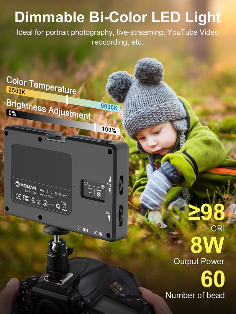 MOMAN LED Video Light, Moman Camera Light for Photography, Portable 5000mAh Video Recording Lights with Cold Shoe, Mini Light CRI 98+ Dimmable 2500-9000K Video Lighting, On-Camera-LED-Video-Light - Image 2